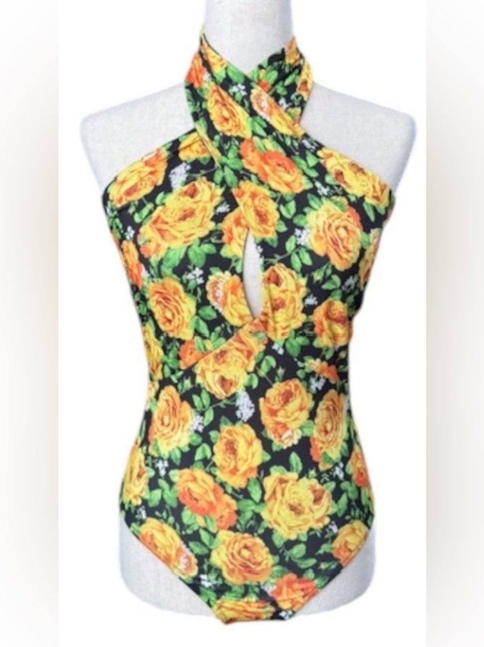 Zara NWT Twist Neck Halter Bodysuit Yellow Rose Floral Black Small